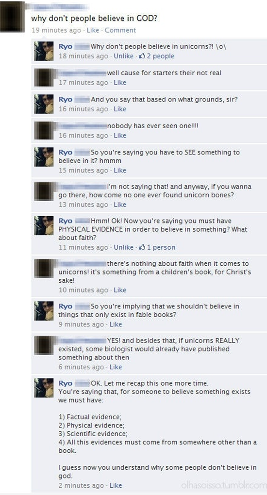 RT "Why don't people believe in #GOD?"

I'll explain via an #atheist's convo with a #theist on FB:

.  - embedded image