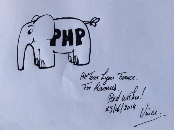 RT Cool! @Elroubio drew me my very own elePHPant at #phptour here in Lyon  - embedded image