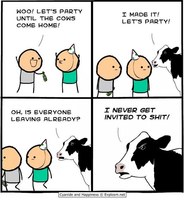 Cows miss all the parties .... #cartoon  - embedded image 