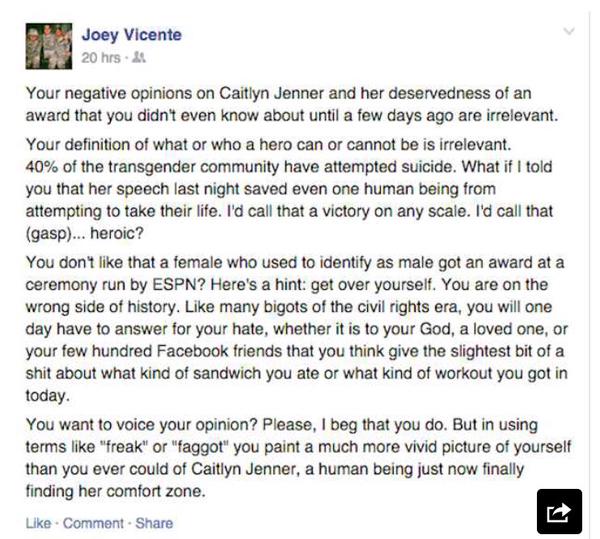 RT Great guy - A soldier who got tired of hearing that Caitlyn Jenner isn't a hero posted an amazing Facebook response.  - embedded image 1