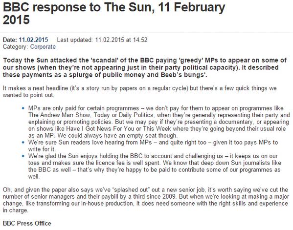 RT Our response to The Sun's attack on the BBC for paying fees to 'greedy' MPs - http://t.co/OF8LwHkYc6  - embedded image 