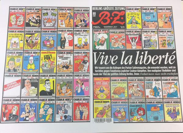 RT Quite right RT @JeremyCliffe: Wow! Tomorrow's Berliner Zeitung does Charlie Hebdo proud (via @PeterHuth):  - embedded image 