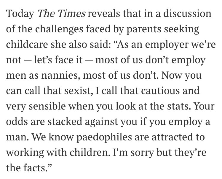RT The bit The Times didn't print in their Andrea Leadsom interview: male nannies are paedos. https://t.co/GR8RJ3V3L4  - embedded image 