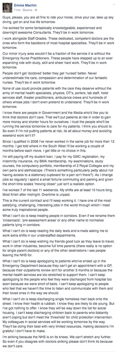 RT Reposting this for those that don’t want to click through to FB, please read and RT.  #JuniorDoctorsStrike  - embedded image 
