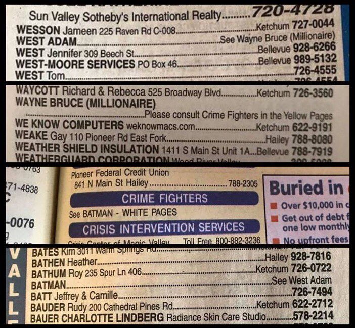 RT RIP Adam West. This was his phone book listing in Ketchum, ID where he lived.  - embedded image 