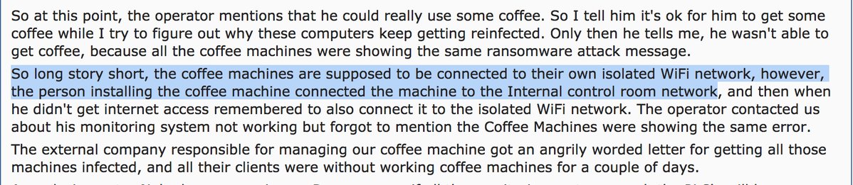 RT a nice bedtime tale

of a coffee machine

TAKING DOWN A CHEMICAL FACTORY'S NETWORK 

🤔

https://t.co/Z3JOYGieP9  - embedded image 