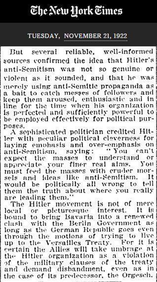 RT "Hitler's only kidding about the antisemitism" @nytimes, 1922. https://t.co/gST08po3Zx  - embedded image 