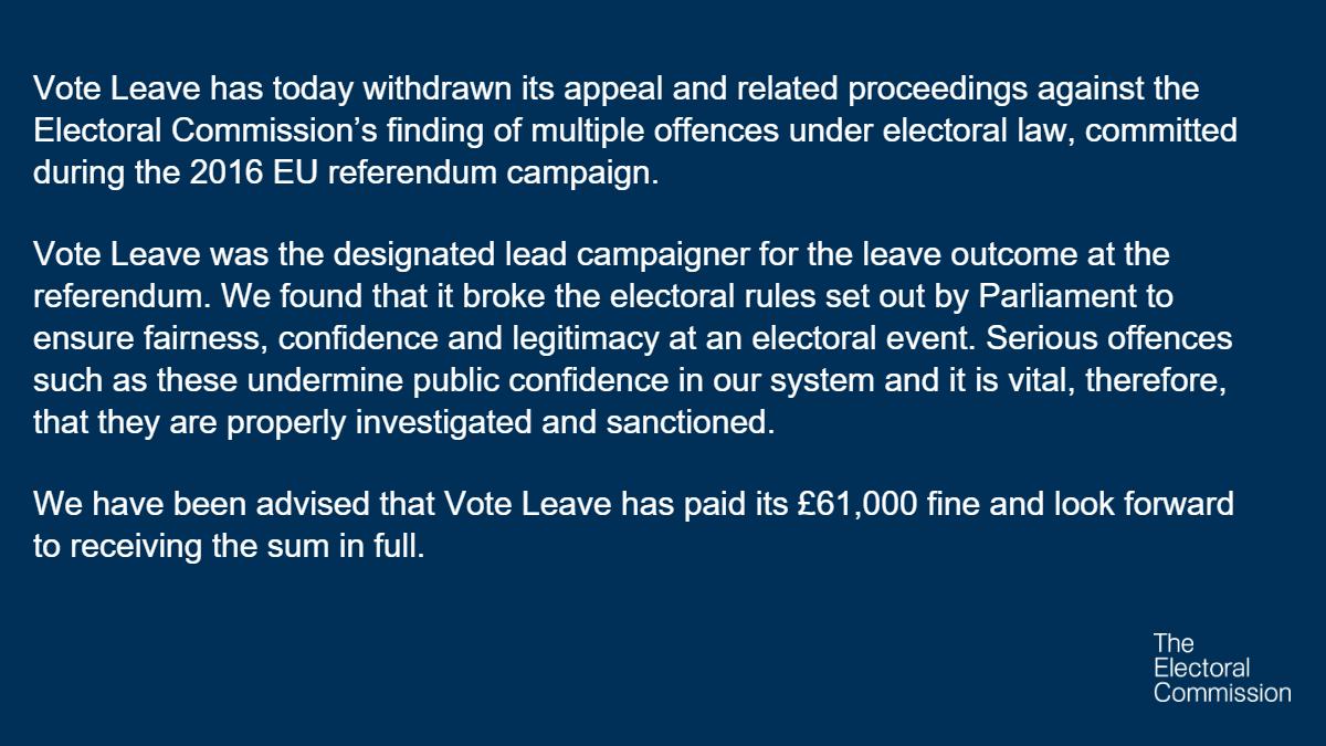 RT Vote Leave has today dropped its appeal and related proceedings against the Electoral Commission.  - embedded image 