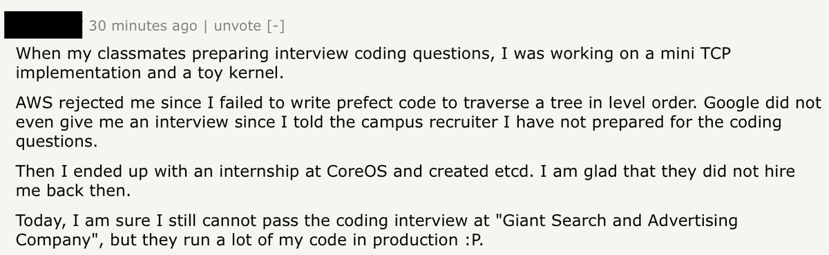 RT A good Hacker News comment on tech interviews.  - embedded image 