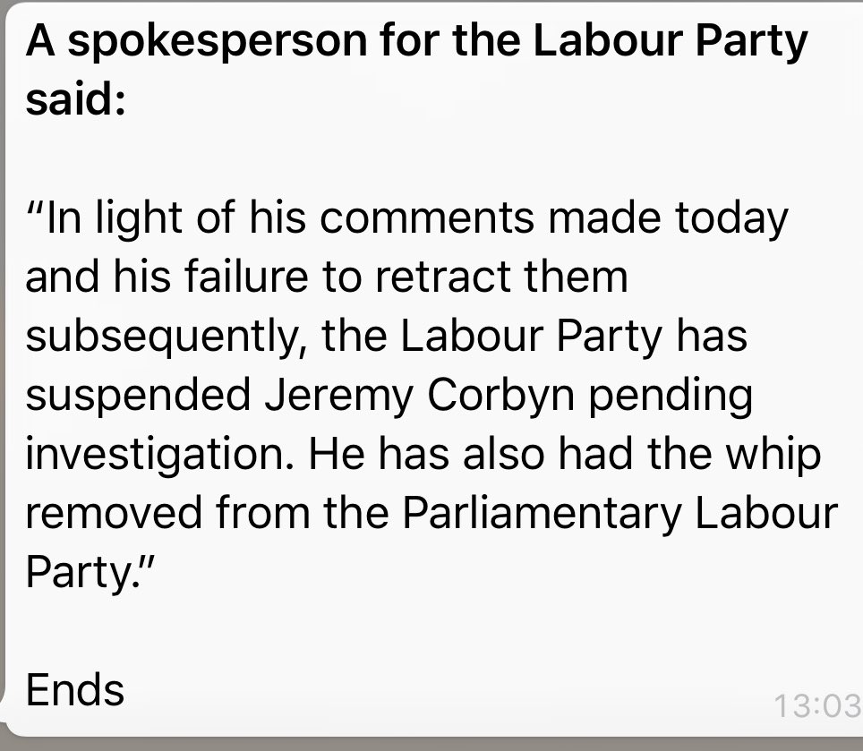 RT Wow. Labour has suspended ⁦@jeremycorbyn⁩ from the Labour party  - embedded image 