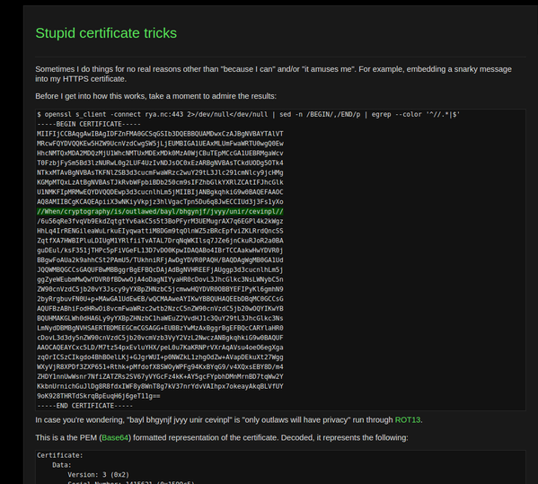 RT Stupid certificate tricks by @ryancdotorg  -------->    https://t.co/mLlm7mr8jt #infosec #hacking #KaliLinux  - embedded image 
