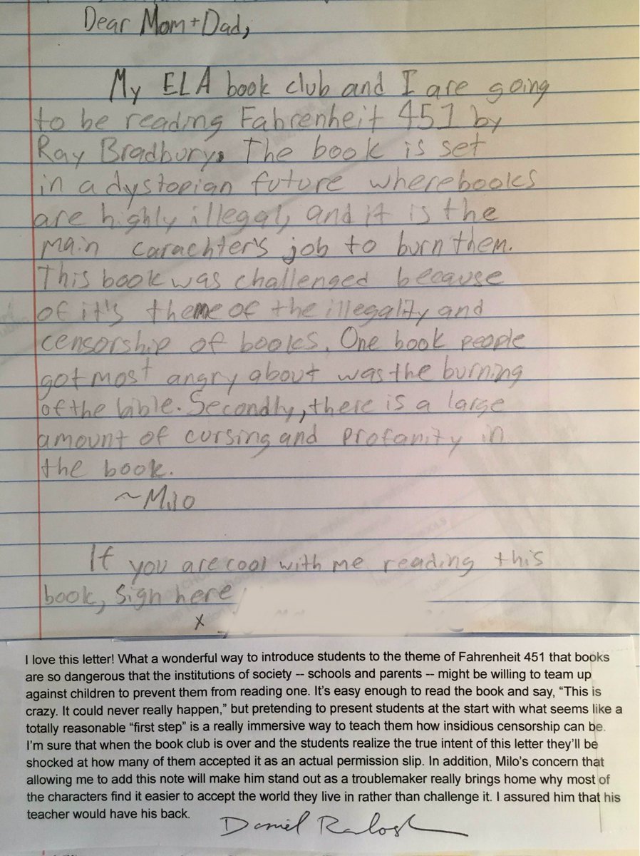RT tfw your kid's school makes you sign a permission slip so he can read Fahrenheit 451    - embedded image 1