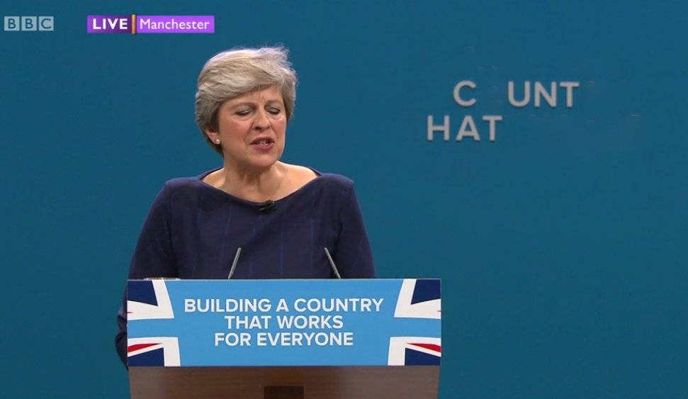 RT The embarrassing moment the letters fell of the Tory Slogan during May's speech  - embedded image 