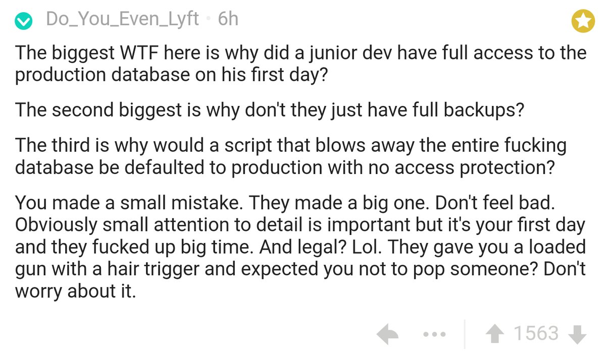 RT If a junior developer accidentally destroys production on their first day, it's *your company's* fault, not theirs.  - embedded image 3