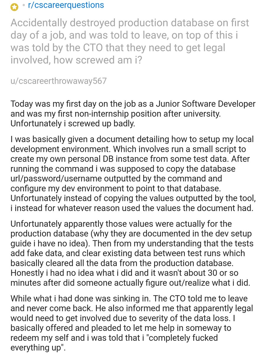 RT If a junior developer accidentally destroys production on their first day, it's *your company's* fault, not theirs.  - embedded image 1