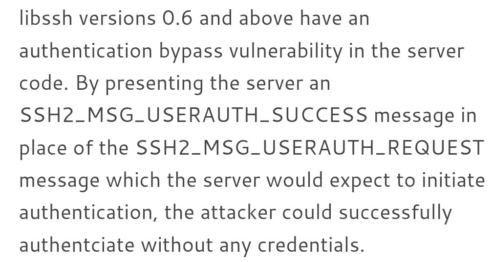 RT libssh authentication bypass in server code - CVE-2018-10933.  https://t.co/Vsr7Euqg4w  - embedded image 