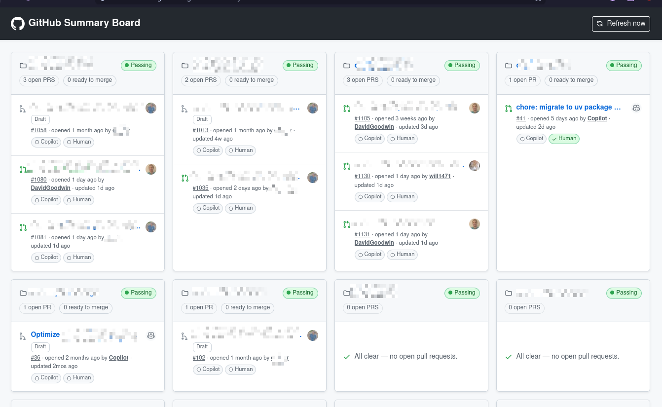 github planning board - tries to show the state of multiple repos on one page for easy high level review